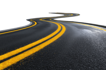 Winding road with yellow lines.  Perspective view of a dark, asphalt road curving away into the distance.  Bright yellow lines mark the center of the road, and the road surface appears wet