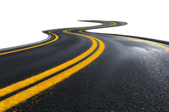 Winding road with yellow lines.  Perspective view of a dark, asphalt road curving away into the distance.  Bright yellow lines mark the center of the road, and the road surface appears wet