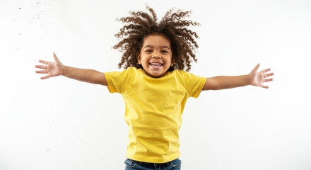 Joyful mixed race child with big curly hair smiling with open arms isolated PNG with Transparent Background