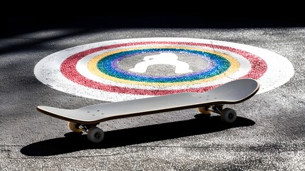 Obraz premium Skateboard on Colorful Target Pattern in Urban Environment with Vibrant Rainbow Design