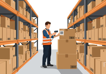 Warehouse worker scanning barcodes on stacked boxes in a storage facility.