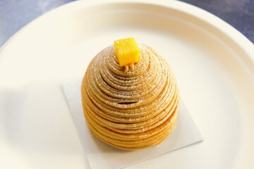 Mont-blanc, chestnut cake with mango