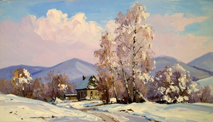 Winter landscape with house