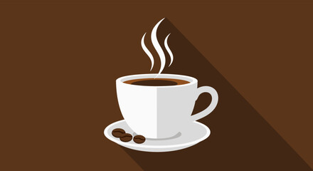 Aromatic Coffee Delight: Minimalist Illustration of Steaming Cup with Beans and Shadow Detail