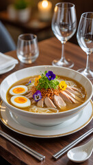 Modern food photography of soto served in a fancy restaurant setting, garnished beautifully with microgreens and edible flowers