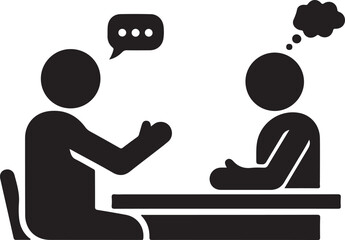 Two people talking at a table with speech and thought bubbles conversation communication