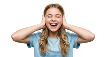 Happy young woman covering her ears from loud noise isolated PNG with Transparent Background