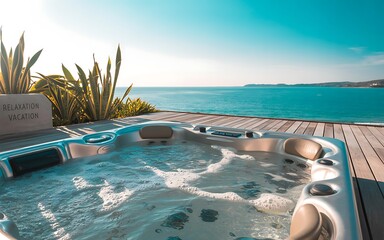 Obraz na płótnie Canvas Outdoor Hot Tub with Ocean View and Lush Greenery on a Wooden Deck jacuzzi luxury