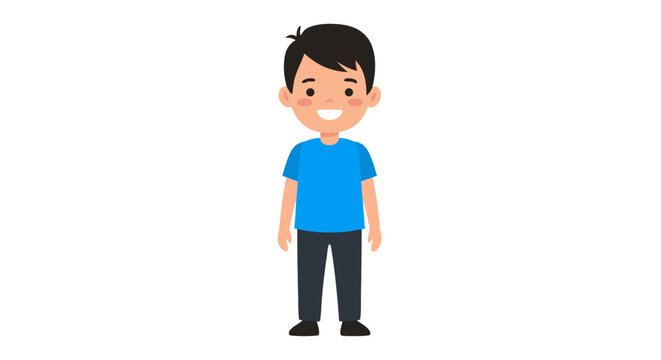 Full body portrait of a cheerful cartoon boy with a bright smile standing straight and confident posture against plain white background