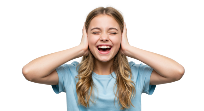 Happy young woman covering her ears from loud noise isolated PNG with Transparent Background