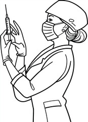 Nurse Getting Ready to Give an Injection for Coloring Book. Vector Illustration of a Nurse in a Medical Gown and a Protective Mask Holding a Disposable Syringe with a Vaccine. Medicine Concept
