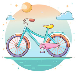 Colorful bicycle illustration in a whimsical design against a pastel background.