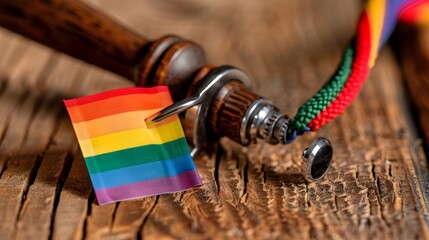 Colorful Rainbow Flag Next to Gavel Symbolizing Justice and Equality for LGBTQ+ Community