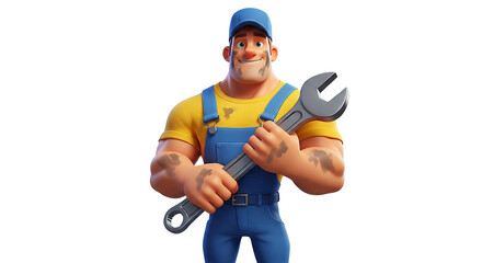 3D Cartoon Mechanic with Wrench Tool Character - Transparent Background