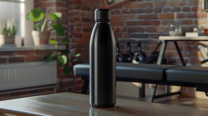Elegant Black Insulated Water Bottle in Modern Industrial Interior Setting with Gym Equipment