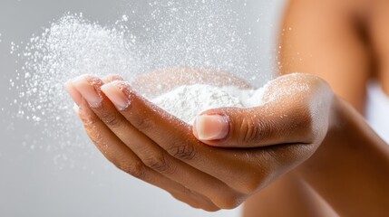 Fototapeta premium Floating Powder in Hand: Close-up of a delicate hand cradling an ethereal cloud of fine powder, evoking a sense of purity, lightness, and gentle elegance.
