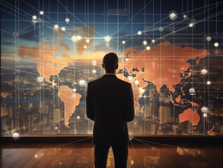 Visionary executive strategizing global business growth, analyzing world map data in modern office overlooking cityscape