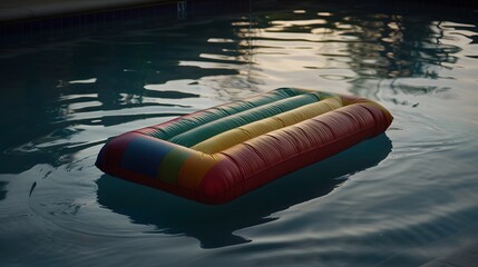 Colorful Inflatable Raft Floating on Calm Pool Water at Sunset with Soft Reflections