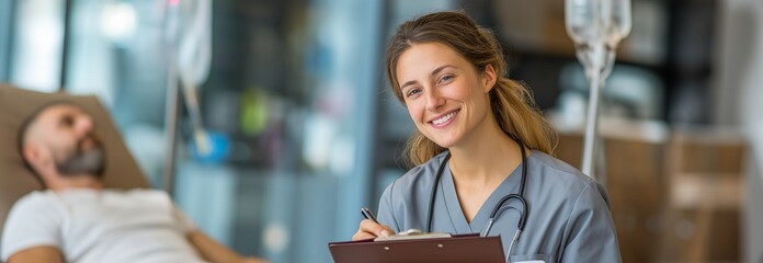 As she consults with her male patient, who is laying on a couch in the medical clinic getting IV drip infusion and vitamin therapy, a young lady doctor holds an appointment report file.
