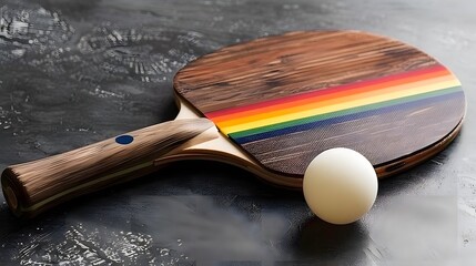 Wooden Table Tennis Paddle with Rainbow Stripe and White Ping Pong Ball on Dark Surface