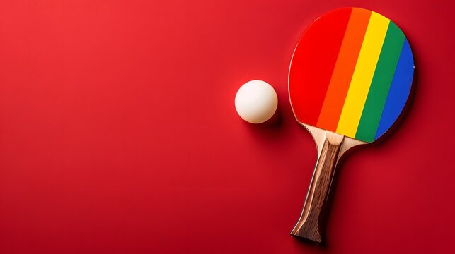 Colorful Ping Pong Paddle with Rainbow Design and White Ball on Bold Red Background - Powered by Adobe
