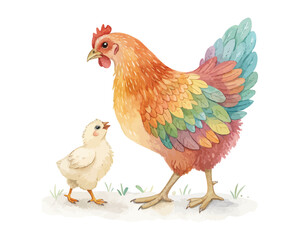 watercolor mother chicken with her kid vector illustration isolated on white background