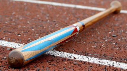 Wooden Baseball Bat with Colorful Design on Athletic Field Background