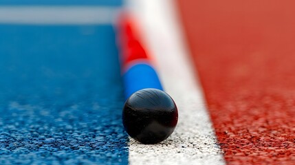 Close-up of a black baton resting on the colorful athletic track during a sports competition event