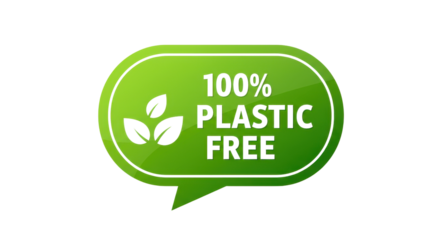 Green 100% Plastic Free label with leaf icon for sustainable products isolated PNG with Transparent Background