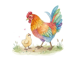 watercolor mother chicken with her kid vector illustration isolated on white background