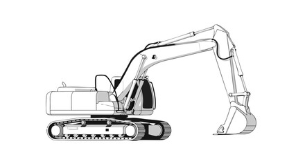 Detailed Excavator Line Art Illustration Showcasing Heavy Machinery Design Elements for Construction Blueprints and Technical Drawings