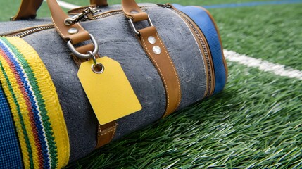 Stylish Durable Sports Bag with Yellow Tag on Synthetic Grass Background for Active Lifestyle