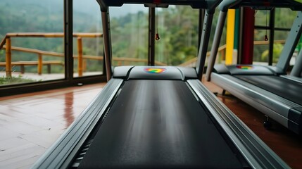 Close-Up View of Modern Treadmill in Scenic Gym Environment Surrounded by Nature and Light
