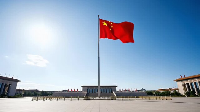 The national flag of China waving on a tall flagpole in a large public square in Beijing