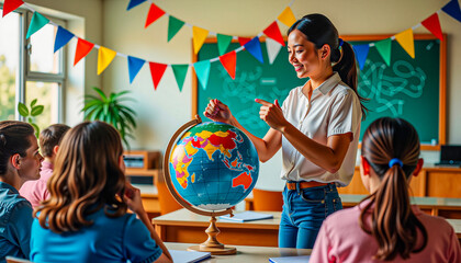 Teacher explaining geography using a globe in a colorful classroom, International Day of Education  