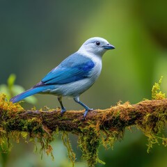 Blue Gray Tanager Bird Perched on Mossy Branch Against Green Forest Background