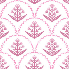 Hand Drawn Pink Folk Floral Scallop Seamless Pattern Background © Shakhnoza