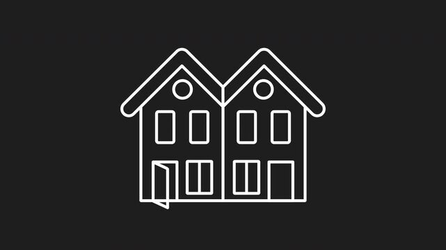 Duplex white line animation. Duplex icon with two houses joined symbolizes shared living. Suitable for real estate, housing, community, and homesharing graphics.