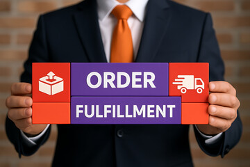 ORDER FULFILLMENT. Order fulfillment center packaging, distribution cycle e-commerce business concept..