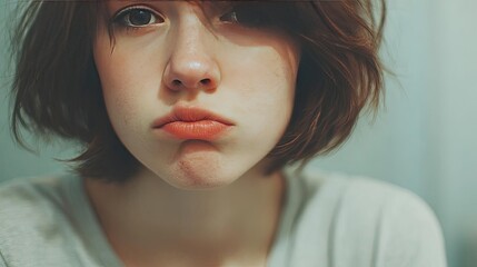 Fototapeta premium No appetite with dull energy concept. A girl with a contemplative expression and soft features.