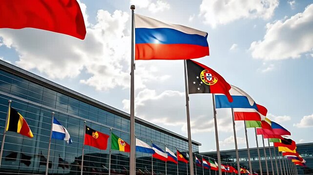 A row of many different national flags of the world waving at an international summit