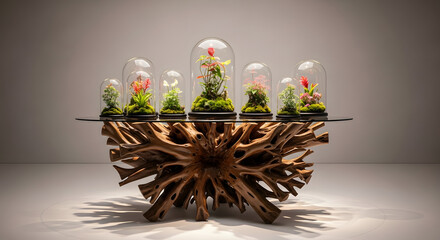 Terrariums on a Root Wood Table, Elegant Home Decor