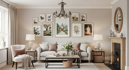 Elegant Living Room Interior with Fireplace and Artwork