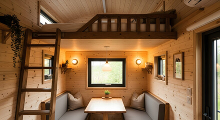 Cozy Wooden Tiny Home Interior with Loft Bed