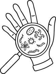 Bacteria and Germs on the Hand for Coloring. Viruses Causing Various Diseases. Hand Hygiene Campaign. Vector illustration
