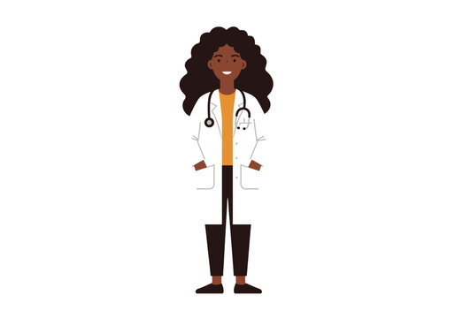 Smiling African American female doctor or physician with a stethoscope. Isolated vector character illustration for healthcare concepts.