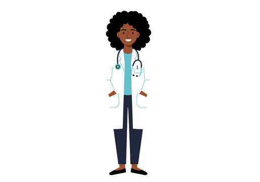 Friendly Black female doctor in a white lab coat with a stethoscope, a confident healthcare professional vector character illustration.