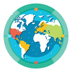 Stylized flat design of the earth with continents colored in distinct shades