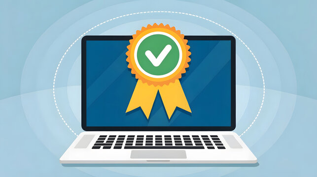 Laptop with green checkmark award ribbon on screen