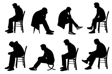 Collection of silhouettes showing a man sitting on a chair in various poses, expressing feelings of sadness, loneliness, stress, and contemplation.